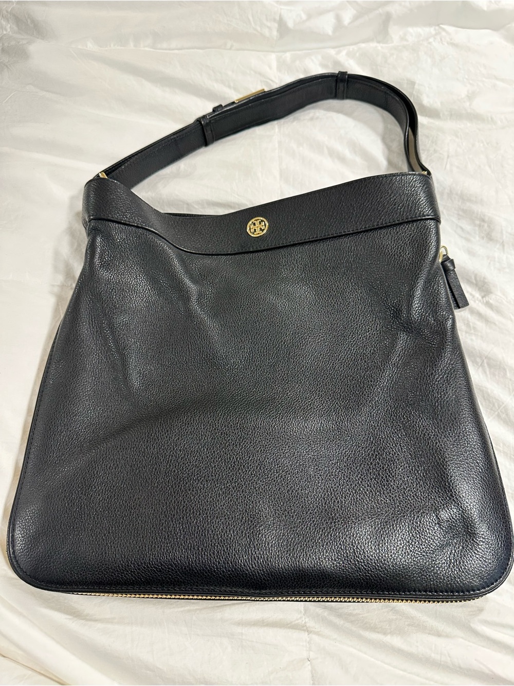 Tory Burch Black Pebble Leather Shoulder Bag with Gold Logo